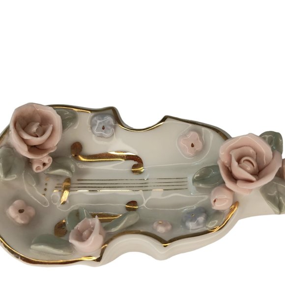 Vintage Lefton Violin Pink Roses Handpainted Figurine Trinket Dish - Picture 6 of 8
